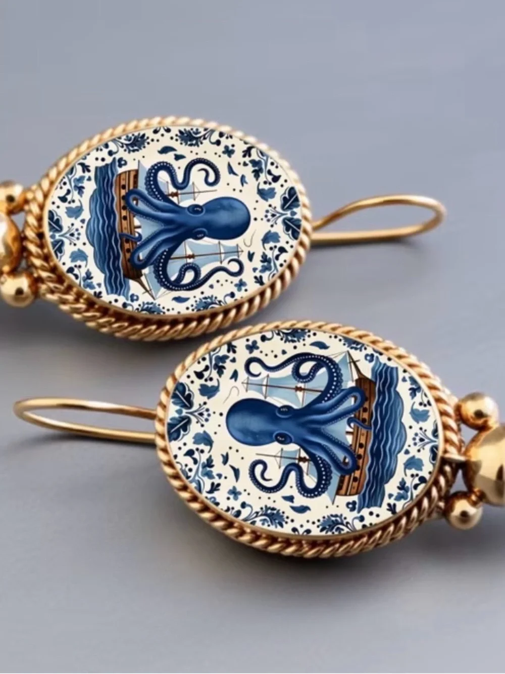 Blue Octopus Cameo Pearl Drop Earrings - Gold Tone